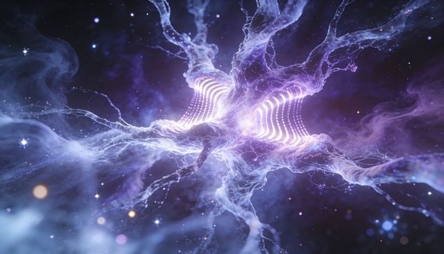 Pulsing neon energy nexus weaving cosmic tendrils through luminous nebula