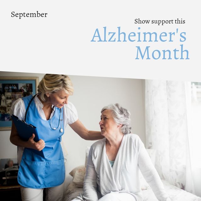 Composite of caucasian doctor listening to patient and show support this alzheimer's month text. September, hospital, copy space, disease, healthcare, mental health, awareness and campaign concept.