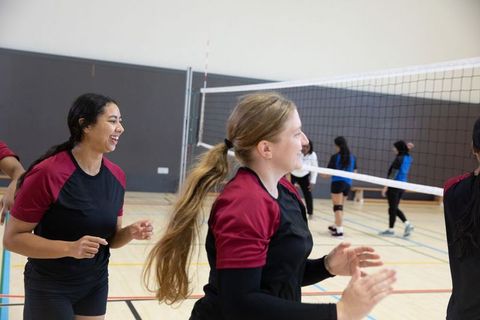Female volleyball team warming up on indoor gym court, teammates cheering and training