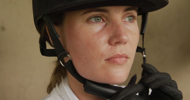 Female equestrian buckling her helmet. Ideal for content related to horseback riding, equestrian sports, safety measures, and determination. Perfect for articles, blogs, and marketing materials focusing on sports enthusiasts, riding gear, and safety protocols in sports.