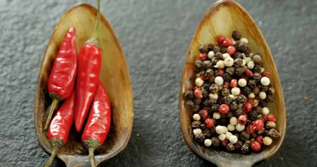This image beautifully displays red chili peppers and mixed peppercorns in wooden spoons, perfect for use in articles or content related to cooking, spices, and culinary arts. It could also be apt for recipe blogs, spice stores, and educational material on different spices. The contrasting colors make it visually appealing, ideal for use in advertising and social media posts to attract attention.