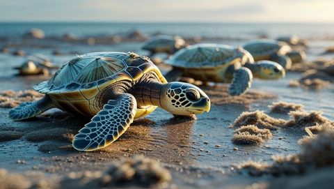 Small Green Sea Turtles Crawling on Golden Sand Surrounded by Ocean - Download Free Stock Images Pikwizard.com