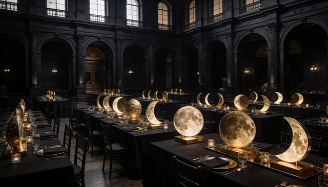 Glowing lunar centerpieces lighting elegant banquet tables in historic arched moonlit hall