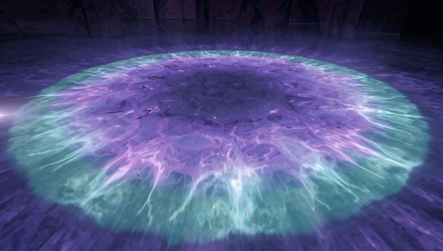 Glowing energy portal with teal and purple light in stone chamber