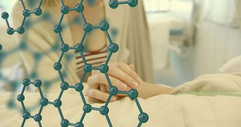 Mom Holding Child Hand at Hospital Bed with Molecular Network Overlay for Pediatric Care