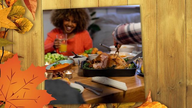 Diverse individuals celebrate Thanksgiving with festive turkey dinner. Ideal for illustrating holiday gatherings, traditions, and cultural diversity during autumn festivals. Suitable for ads, articles, and social media reflecting inclusion and seasonal traditions.