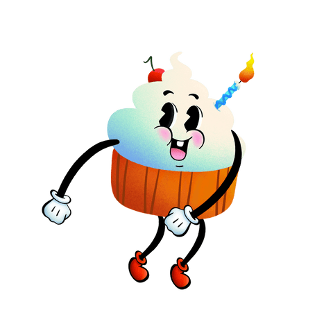 Whimsical dancing cupcake on transparent background