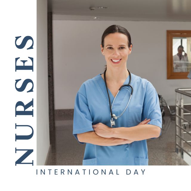 Nurses international day text over portrait of smiling caucasian female doctor standing in hospital. Composite, copy space, arms crossed, healthcare, awareness, honor and celebration concept.