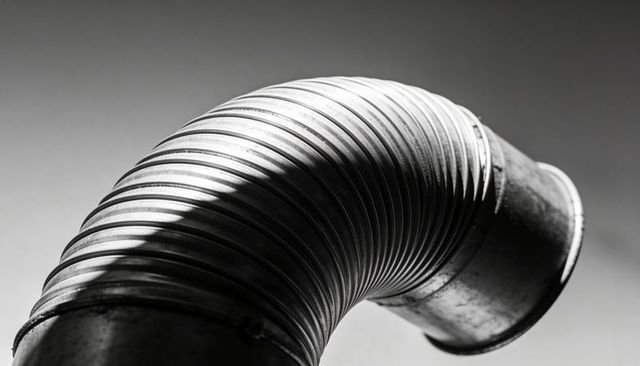 Corrugated metal duct elbow curving spiral ridges scuffed flanges high-contrast lighting