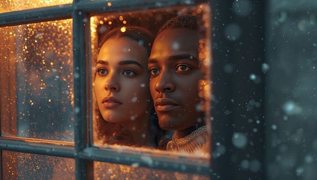Couple gazing through frosted winter cabin window