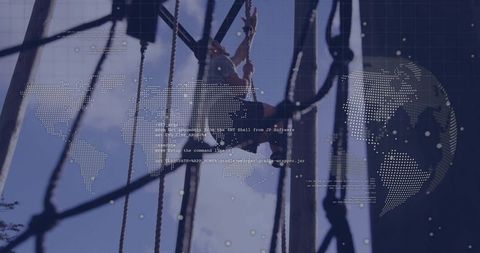 Man navigating ropes course with digital world overlay