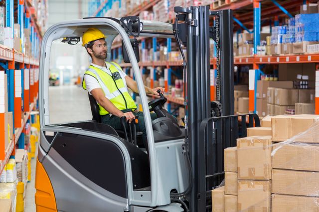 Male worker using forklift in warehouse