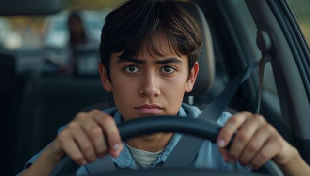 Teen male driving concentrating on road gripping steering wheel closeup interior portrait