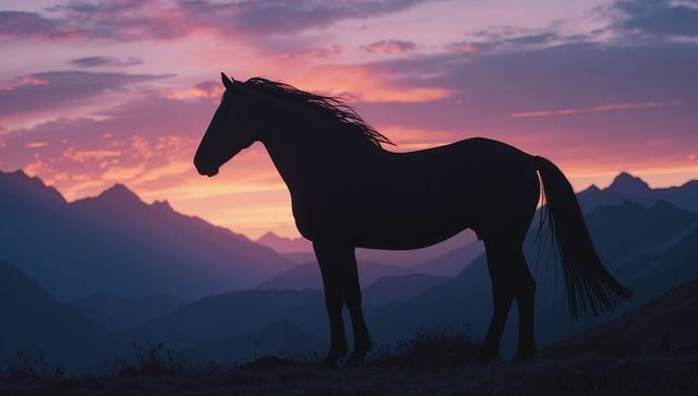 Majestic Horse Silhouette against Vibrant Mountain Sunset