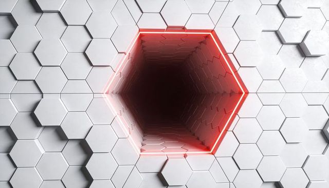 Hexagonal tunnel receding into dark shaft with glowing red neon rim and honeycomb panels