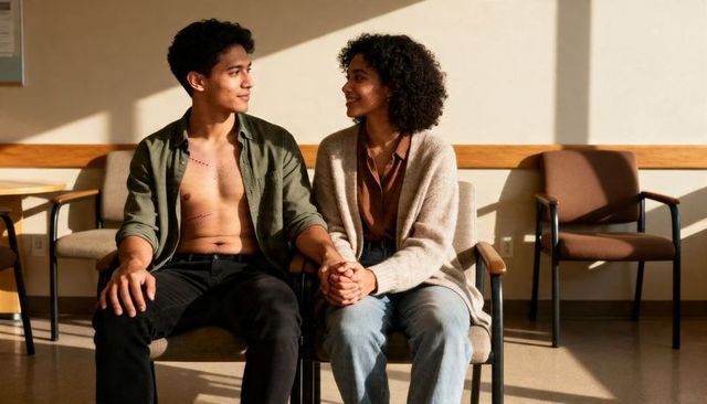 Couple holding hands in clinic waiting room, man revealing chest scars showing support