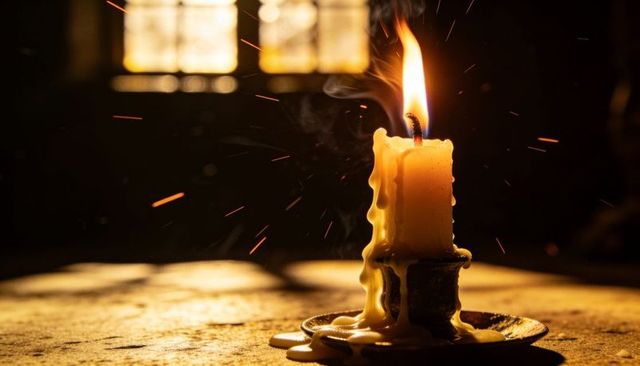 Melting candle flame casting warm glow and wax drips on rustic wooden table