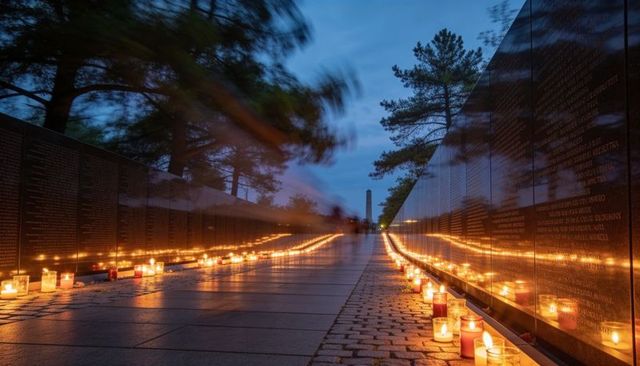 Candlelight vigil along engraved granite memorial walls leading to distant obelisk at dusk
