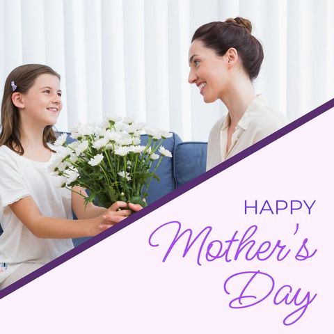 Happy Mother's Day Celebration with Daughter Presenting Flowers