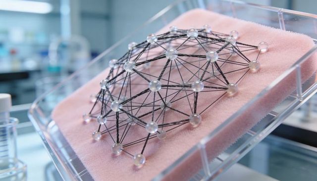 Modular biomaterial lattice resting on pink foam in laboratory benchtop for tissue research