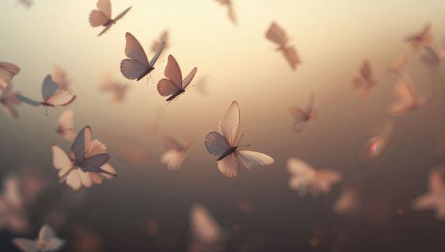 Golden-hour butterflies fluttering in soft bokeh, translucent wings catching warm light