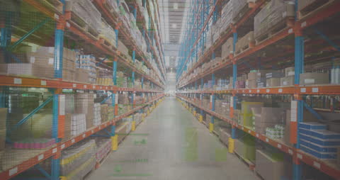 Warehouse Aisle with Digital Data Overlay for Business Insights