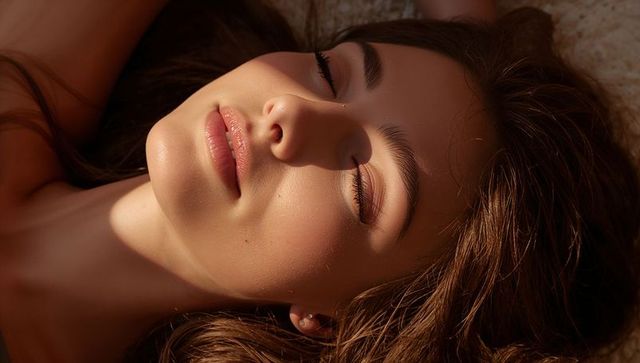 Young woman basking in golden sunlight, eyes closed, stud earring and soft skin closeup