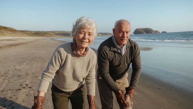 Senior couple collecting seashells on windswept beach at golden hour, coastal lifestyle