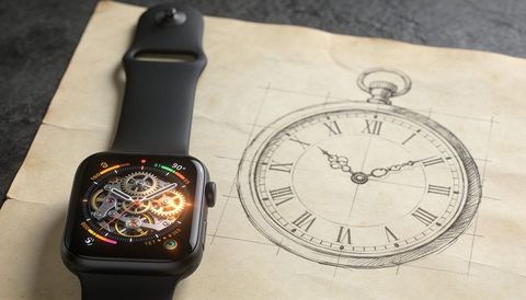 Modern smartwatch mechanics with glowing gears over vintage pocket watch sketch on aged parchment