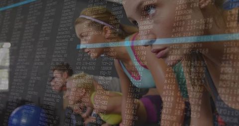 Women training with stability ball and glitch code overlay representing focus and strength