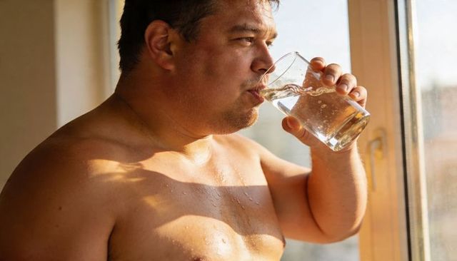 Shirtless man drinking water by sunlit window, wet chest glistening, holding clear glass