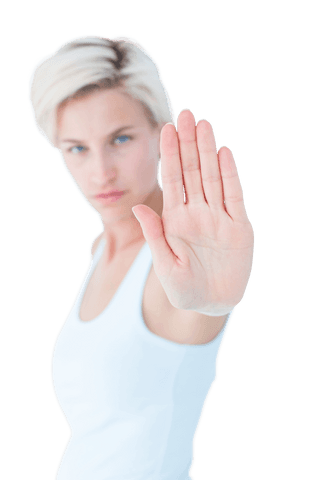 Transparent image angry blonde woman showing palm gesture