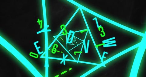 Futuristic Neon Geometric Tunnel with Floating Characters