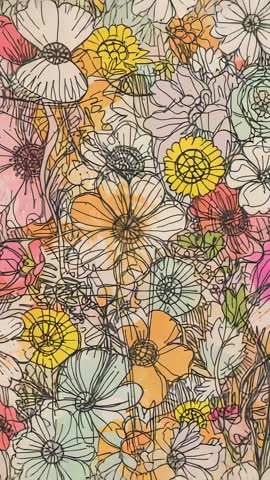Vertical panning video revealing pastel floral motif pattern with hand-drawn outlines