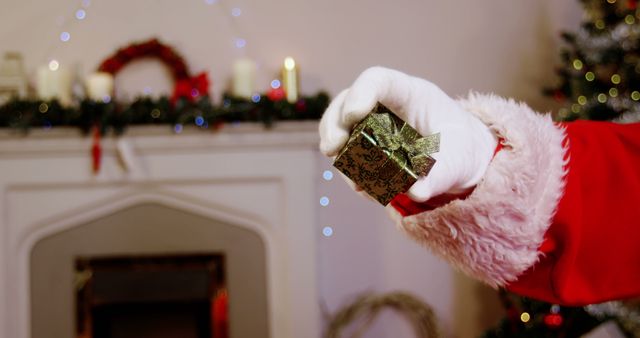 Santa Holding Gift Box in Festive Living Room at Christmas - Download Free Stock Images Pikwizard.com