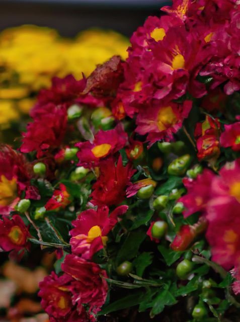 This close-up view of vibrant red and yellow chrysanthemums showcases the beauty of these flowers as they bloom in a garden. Ideal for use in gardening blogs, floral arrangement websites, and seasonal home décor promotions, this image captures the essence of nature's colorful display.
