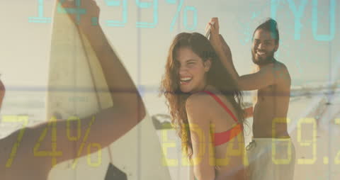 Friends on Beach Meet Technology With Financial Data Graphics