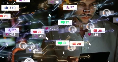 Man holding tablet viewing holographic social notifications and data flow interface