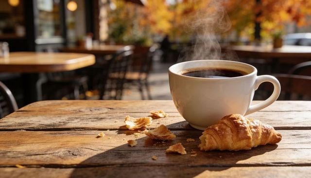 Steaming coffee cup and buttery croissant on rustic outdoor cafe table with autumn bokeh