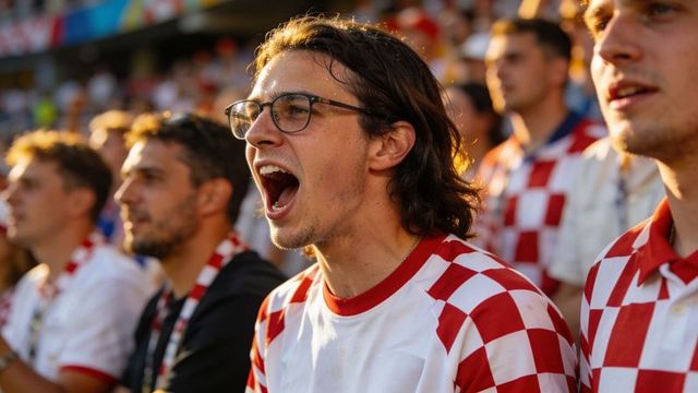 Young fan shouting in red-and-white checkered jersey cheering passionately in stadium crowd
