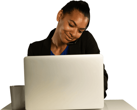 Businesswoman Talking on Smartphone Using Laptop in Office with Transparent Background - Download Free Stock Videos Pikwizard.com