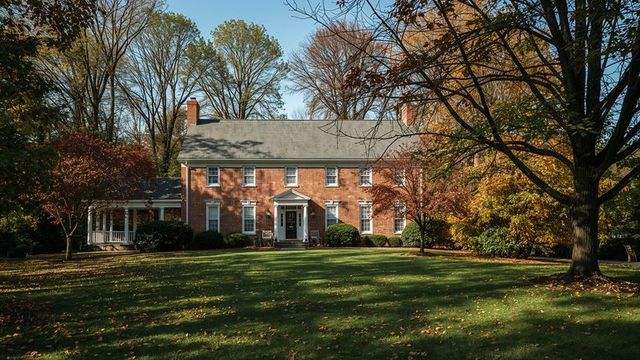 Colonial Red-Brick House Amidst Lush Autumn Foliage