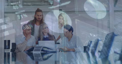 Team Analyzing Complex Data with Futuristic Overlay