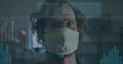 Man with Glasses and Mask Analyzing Data with Futuristic Overlays