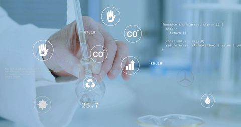 Senior scientist grasping pipette and flask with co2 analytics hud overlays in laboratory