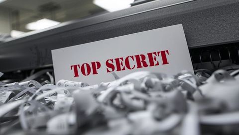 Top secret document shredding in office paper shredder with red stamp and shredded strips