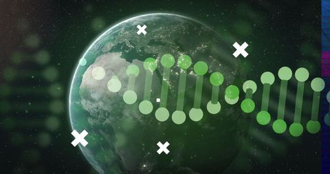 Dna strand overlay on earth with digital elements