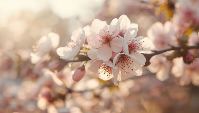 Backlit Pale Pink Cherry Blossom Cluster Radiating Golden Glow Soft Bokeh Spring Macro