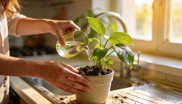 Sunlit kitchen watering houseplant with glass jar and apron-wearing adult caring for plant