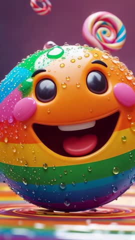 Rotating Rainbow Candy Sphere with Shimmering Droplets and Hovering Lollipops Vertical Video